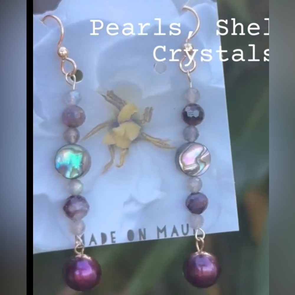Handmade Pearl Abalone Ruby Labradorite Crystal Dangle Earrings Gold-Filled